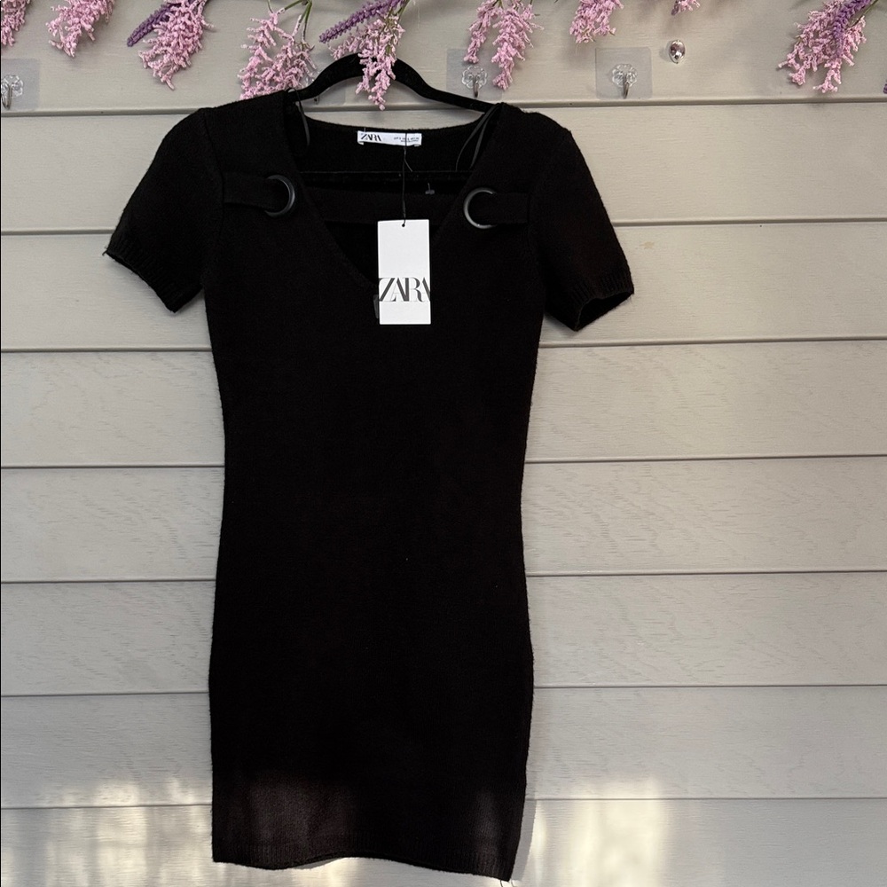 Zara Black Mini Sweater Dress with Ring Accents V neck size S
